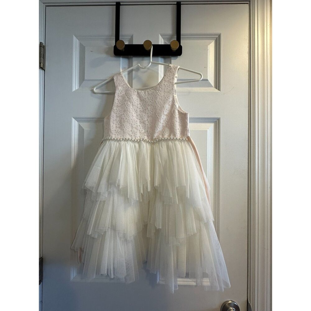 American Princess Ivory Lace Tulle Dress Pearl Trim Girl Size 6X/7